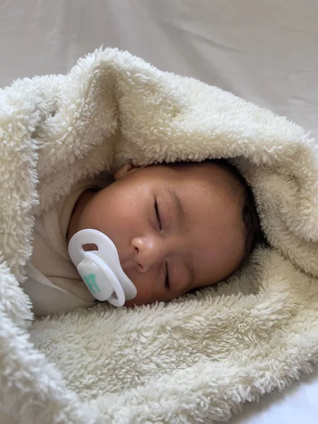 Sweet Peaceful Baby Lying White Bedsheet Enjoy Daytime Nap Indoors — Stock Photo, Image