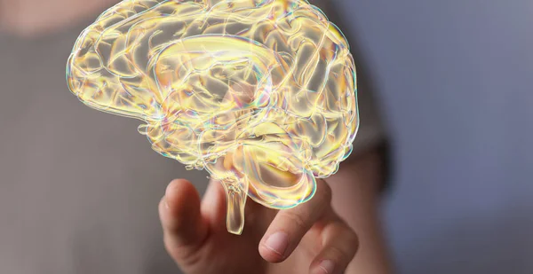 Uma Pessoa Tocando Uma Renderização Digital Esboço Cérebro Dourado — Fotografia de Stock