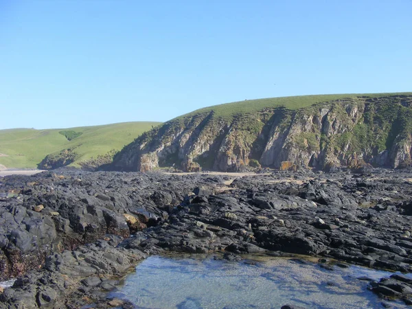 Yeşillik kaplı uçurumlarla çevrili kayalık bir sahilin yakın çekimi.