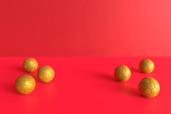 Six Gold Colored Football Balls Red Color Background — Stock Photo, Image