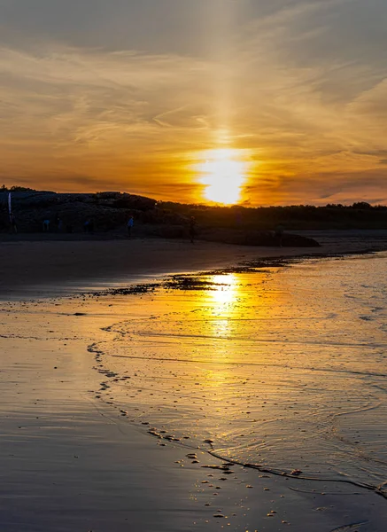 A vertical shot of the sunrise on the horizon on a beach along the Rhode Island coast