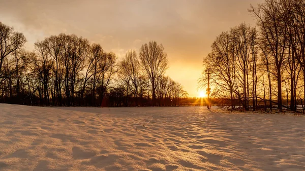 Beautiful View Sunset Field Covered Snow — 스톡 사진