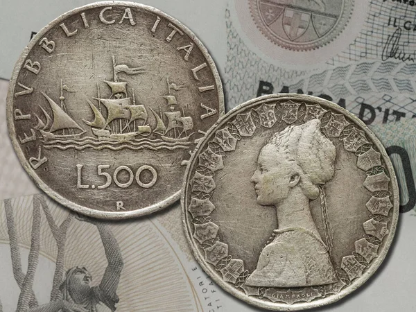Gamla Italienska Lira Mynt Framsidan Och Omvänd Republiken Italiens Gamla — Stockfoto