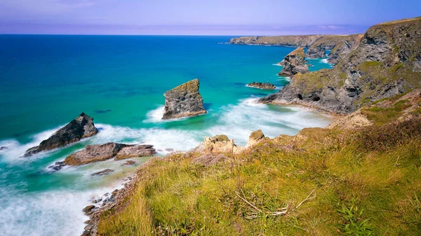 Güneşli bir günde deniz manzarasına karşı yeşillikle kaplı kayalık bir sahil manzarası.