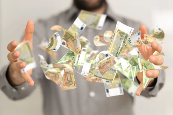 Blurred Man Opening Hands Money Euro Banknote Hand Rain — Stock Photo, Image