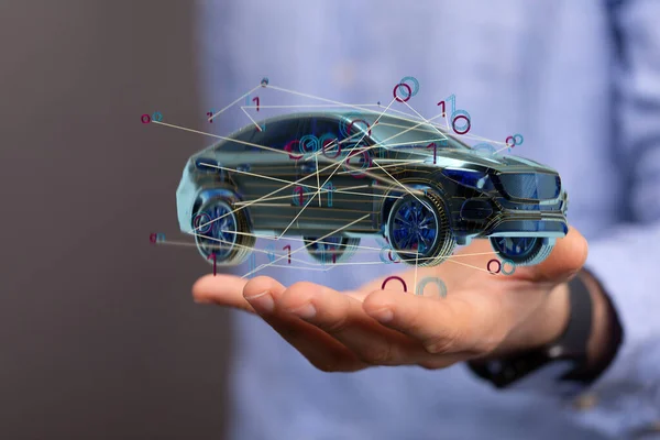 Eine Person Mit Einem Hologramm Eines Gerenderten Futuristischen Autos Der — Stockfoto