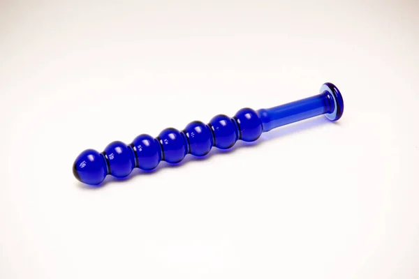 Blue Sex Toy Bumpy Ribbed Glass Dildo Isolated White Background — Stock Photo, Image