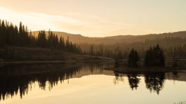 Grakallen Dağı yakınlarındaki Bymarka ormanında gün batımı ve güzel ışık. Bulanık renkli hava.