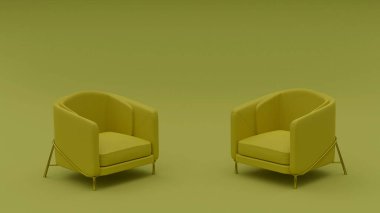 Kopya alanı olan iki zeytin rengi koltuğun 3 boyutlu çizimi