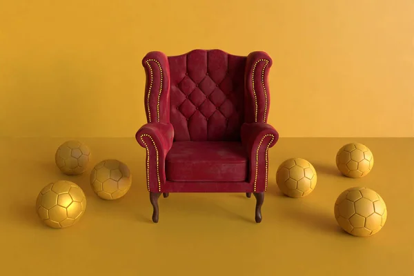 3d rendering red velvet ear chair surrounded by six golden football balls