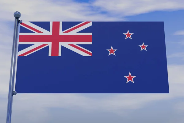 青空にクロームの旗竿を持つニュージーランドの旗 Aotearoa の3Dイラスト — ストック写真