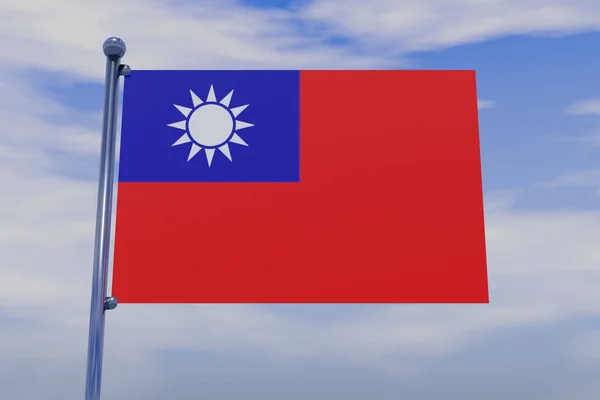 Mavi Gökyüzünde Kancalı Krom Bir Bayrak Direğiyle Tayvan Bayrağının Boyutlu — Stok fotoğraf