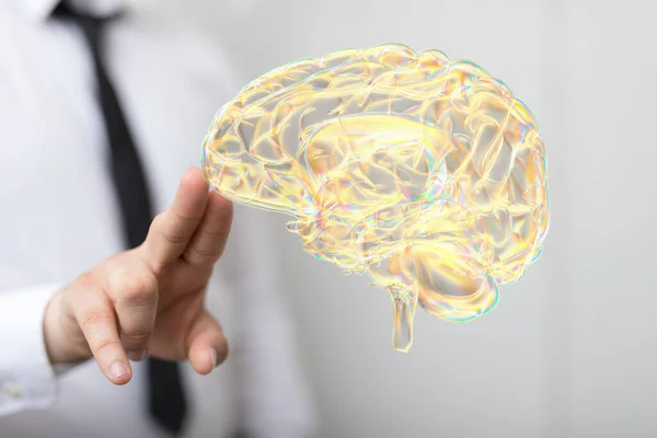 Osoba Wskazująca Trójwymiarowy Obraz Holograficznego Cyfrowego Mózgu Człowieka — Zdjęcie stockowe