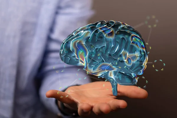 Голограмма Символа Мозга Человеком Объясняющим Искусственные Интеллектуальные Темы — стоковое фото
