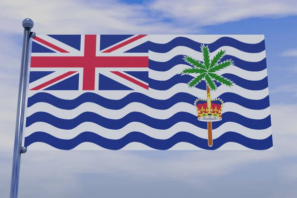 英属印度洋领土旗帜的三维图片说明 其彩色旗杆在蓝天上有钩子 — 图库照片