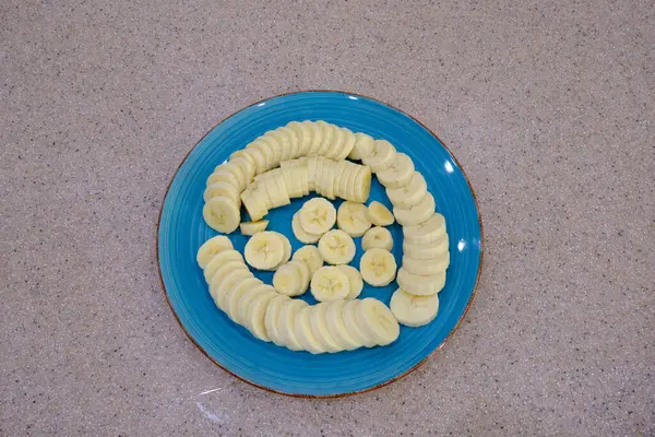 Top View Sliced Banana Blue Plate Table — Stock Photo, Image