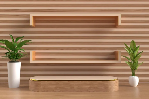 木製インテリアスタイルの製品プロモーションのための表彰台の3Dレンダリング — ストック写真