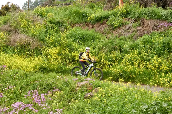 Manlig Cyklist Gul Jacka Rider Längs Landsbygden Palma Kanarieöarna — Stockfoto