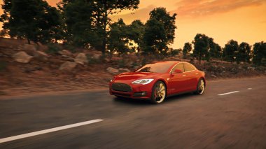 Kırmızı elektrikli bir arabanın gün batımı ışıklarıyla yolda sürüşünün 3 boyutlu görüntüsü.