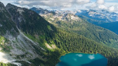 Bulutlu bir gökyüzünün altında ağaçlarla ve dağlarla çevrili güzel bir göl manzarası.