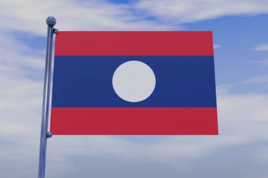 Lao Demokratik Cumhuriyeti bayrağının mavi gökyüzünde krom bir bayrak direğiyle üç boyutlu bir tasviri.