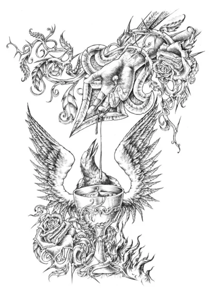 Digital Black White Tattoo Illustration Hand Bleeding Goblet Wings — Stock Photo, Image