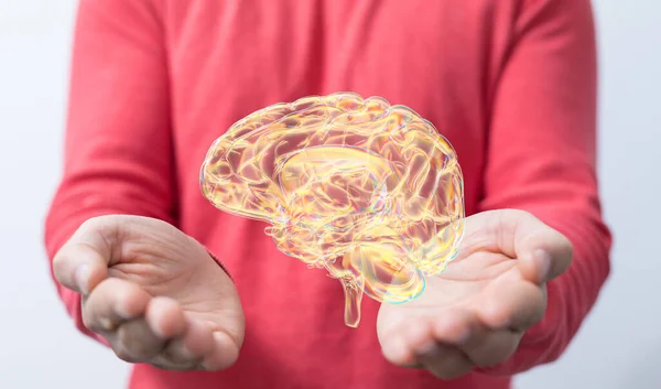 Holograma Cerebro Humano Flotando Sobre Las Manos Una Persona Concepto —  Fotos de Stock