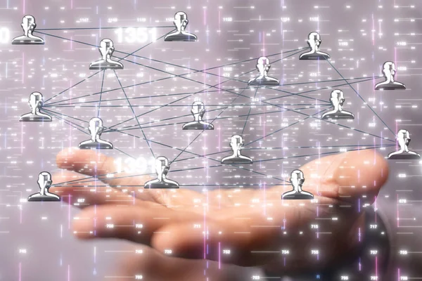 Businessman Holding Floating Digital Render Interconnected Profile Icons Networking Concept — Stock Photo, Image