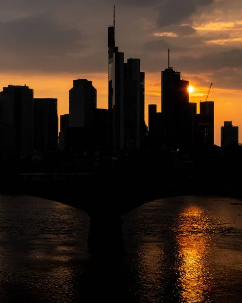 Gyönyörű Nyári Kilátás Frankfurt Városára Arany Naplementén Ignatz Bubis Híd — Stock Fotó