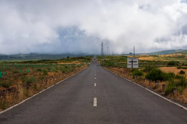 Camino Asfalto Atravesando Campos Verdes Amarillos Sobre Fondo Nublado Del — Foto de Stock