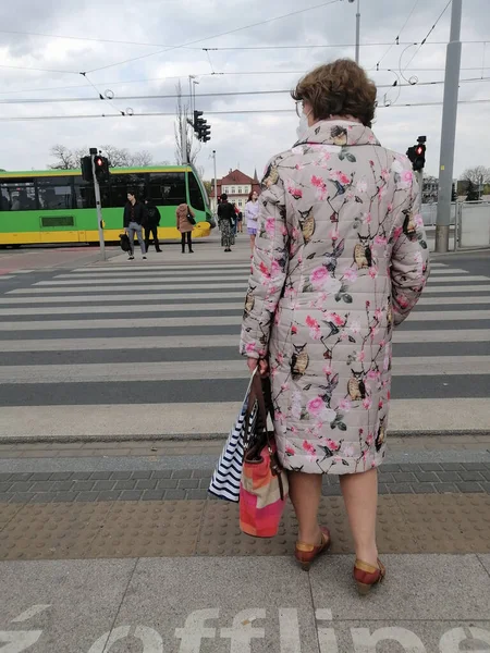 Uma Mulher Esperando Frente Uma Passagem Zebra Rua Roosevelta Poznan — Fotografia de Stock