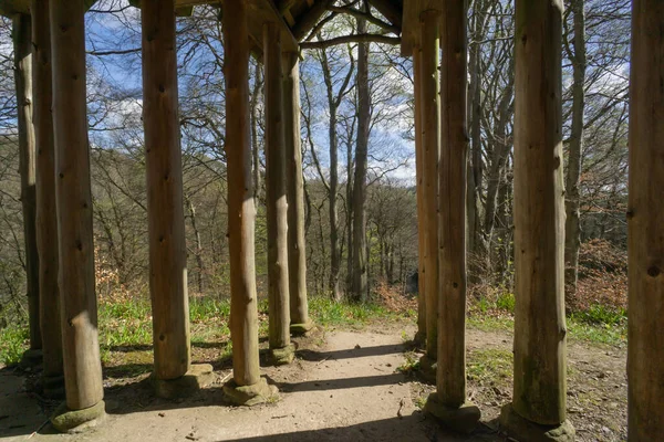 アレン バンクス ノーサンバーランド 英国の夏の家の中からの眺め構造物がほとんどの側面で開いているので 自然光の木製の木材を含む — ストック写真