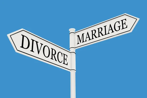 A 3D rendering of a sign post with arrows of divorce and marriage