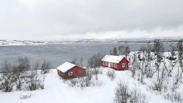 一个美丽的雪景 寒冷的冬日 湖边有许多房子 — 图库照片