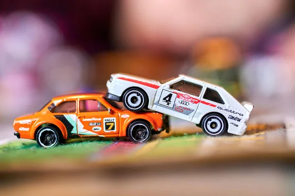 A selective focus of Mattel Hot Wheels colorful car toys