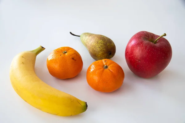 Closeup Red Apple Pear Mandarines Banana White Background — Stock Photo, Image