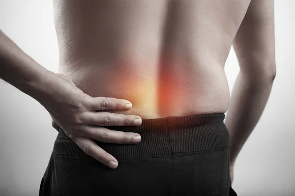 Caucasian Man Suffering Lower Back Pain Red Highlight Spinal Cord — Stock Photo, Image