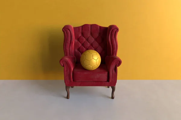Illustration Gerenderte Illustration Eines Goldenen Fußballs Auf Rotem Samtsessel Gelb — Stockfoto