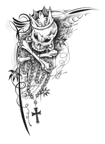 Digital Black White Tattoo Illustration Skull Crown Cross Necklace — Stock Photo, Image