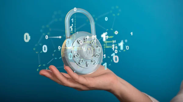 Render Padlock Surrounded Binary Codes Being Manipulated Holographic Manner — Stock Photo, Image