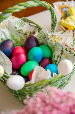 Sepetteki renkli Paskalya yumurtalarının dikey çekimi.