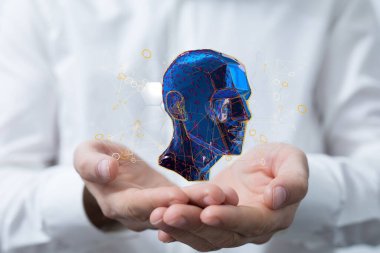 Ellerinin üzerinde süzülen illüstrasyon dolu bir siber insan kafası olan birinin elleri. Teknoloji kavramı.