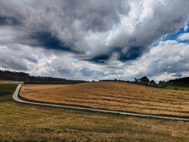 Parlak bulutlu gökyüzü boyunca uzanan bir tarla ve yol