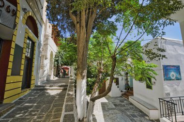 Hayır, Yunanistan. 28 Aralık 2010: Yunanistan 'ın Ios adasındaki güzel Chora köyü, geleneksel kiliseleriyle