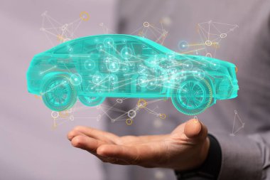 A person's hand with an illustrative car floating above the hand. Concept of technology.
