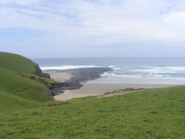 An aerial view of foam waves hitting a seashore