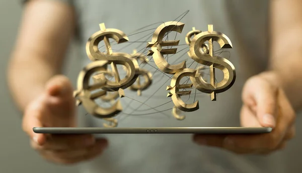 Diseño Representación Euro Oro Signos Dólar Una Tableta Las Manos —  Fotos de Stock