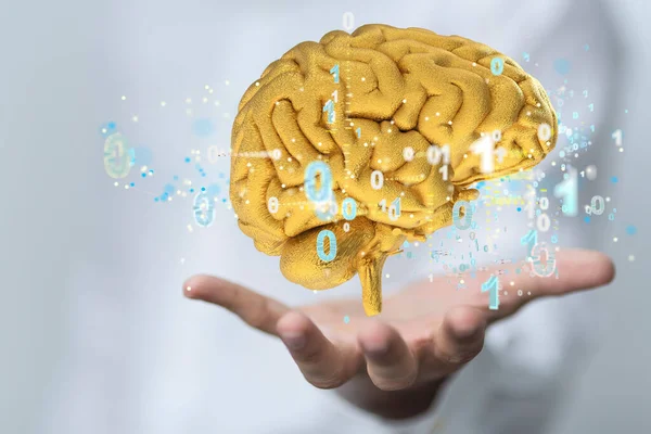 Närbild Hand Som Håller Modell Artificiell Hjärna Med Binära Koder — Stockfoto