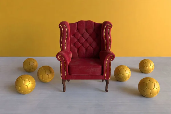 3d rendering red velvet ear chair surrounded by six golden football balls