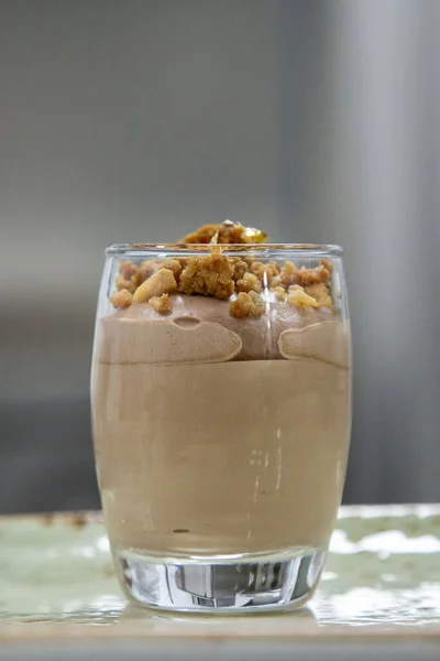 Chocolate Mousse Glass Nuts Grain Out Focus — Foto de Stock